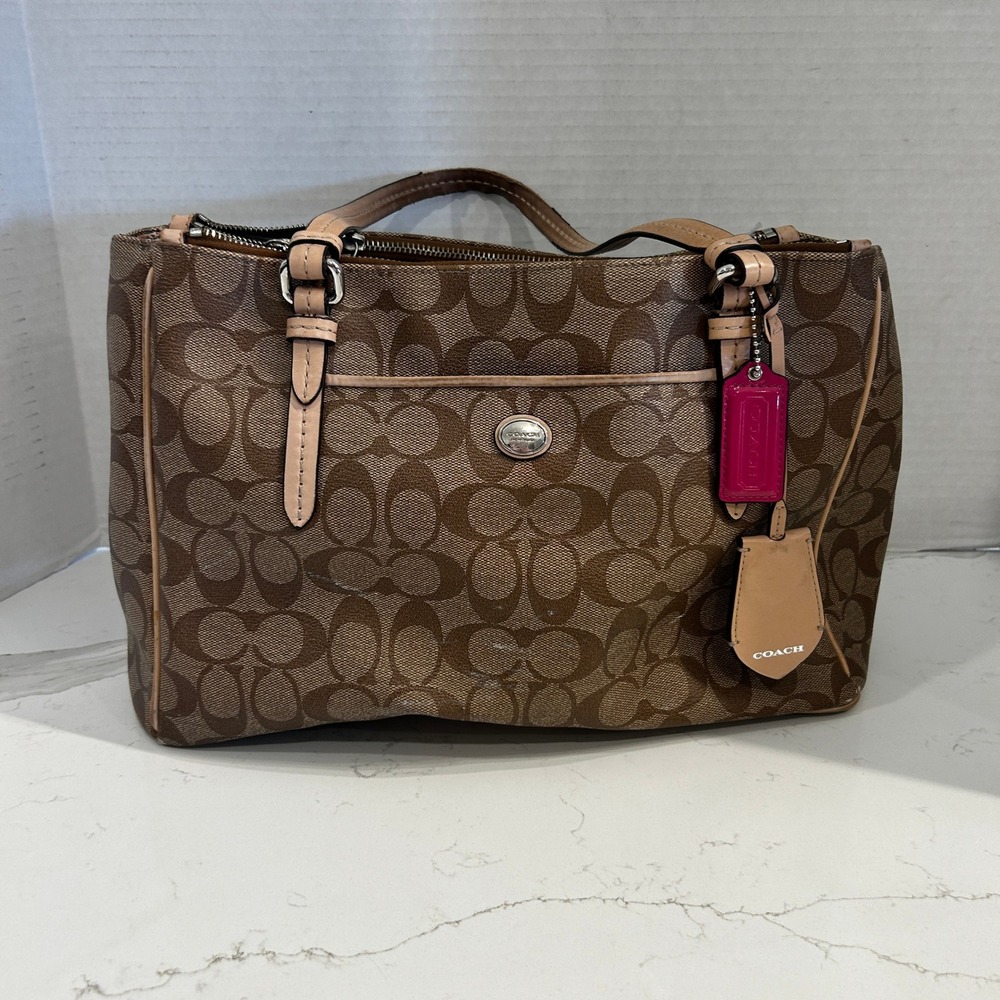 Coach Taylor Tote Brown Khaki Signature Monogram Canvas Leather Shoulder Bag